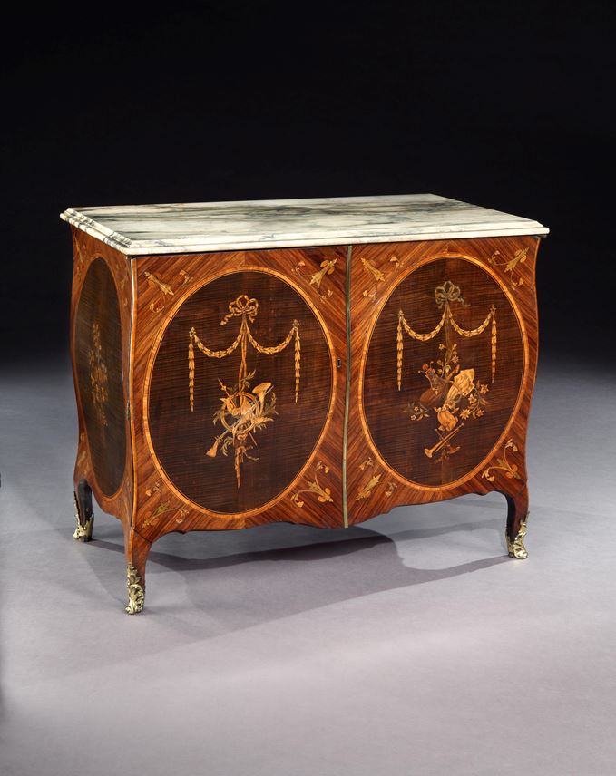 An Exceptional Pair of George III Marquetry Bombe Commodes Attributed to Mayhew and Ince | MasterArt